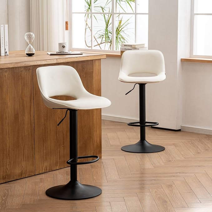 YOUNIKE Bar Stools Set of 2, Adjustable Counter Height Barstools Faux Leather Upholstered Counter Stools with Hollow Back for Kitchen Island, Warm White