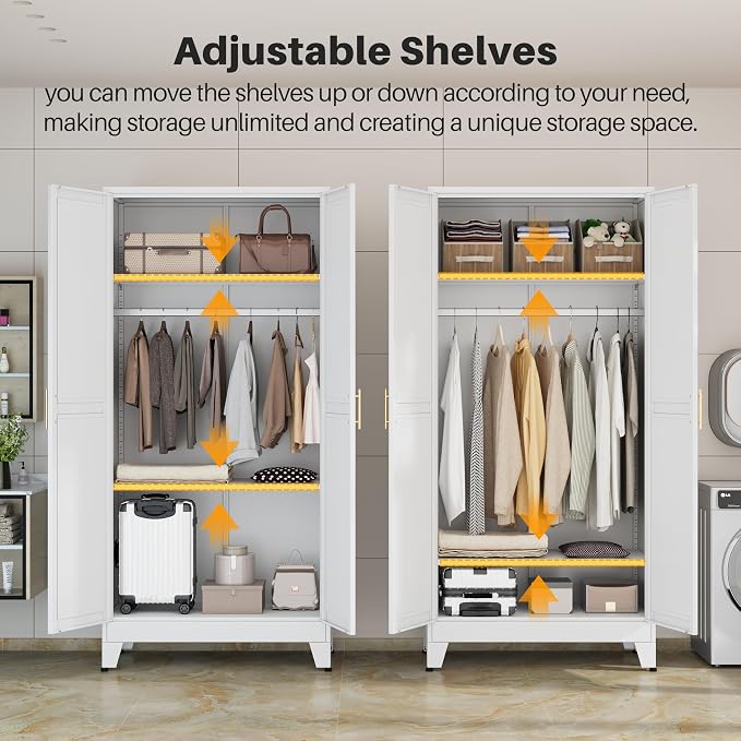 winiowa Metal Armoire Wardrobe Closet with 2 Doors, 71" Wardrobe Cabinet with Adjustable Shelves and Hanging Rod, Clothing Storage Cabinet Closet for Bedroom-White