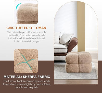 Zesthouse Square Pouf Ottoman Footstool, Modern Backless Vanity Stool for Bedroom, Tan Fuzzy Foot Rest for Couch, Upholstered Tufted Footstool, Sherpa Fabric Ottoman Coffee Table for Living Room