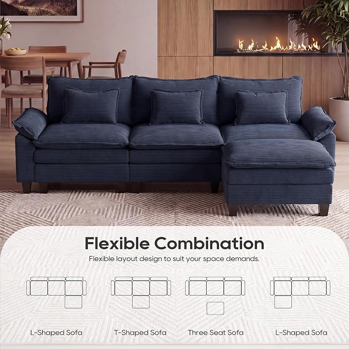 URRED Oversized Modular Sectional Sofa, 122" L Shaped Modern Comfy Cloud Couch with Movable Ottoman & Pillows, Deep Seat Couches for Living Room, Bedroom or Apartment (Corduroy Blue, 122" L Shaped)