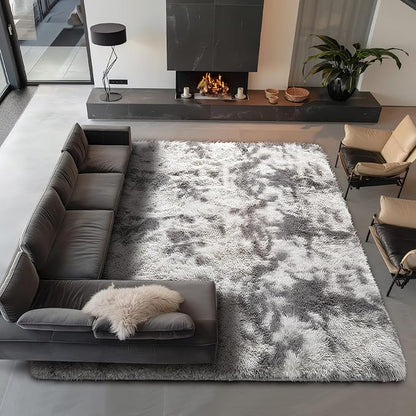 Ophanie Area Rugs 9x12 Living Room, Large Tie-Dyed Grey&White Bedroom Carpet, Big Shag Indoor Thick Soft Nursery Rug, Fluffy Carpets for Boy and Girls Room Dorm Home Decor Aesthetic