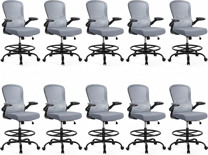 ErGear Drafting Chair,Tall Office Chair with Flip-Up Armrests, High Desk Chair Adjustable Height and Adjustable Footrest Ring, Ergonomic Standing Desk Chair with Lumbar Support, Blue,10 Pack