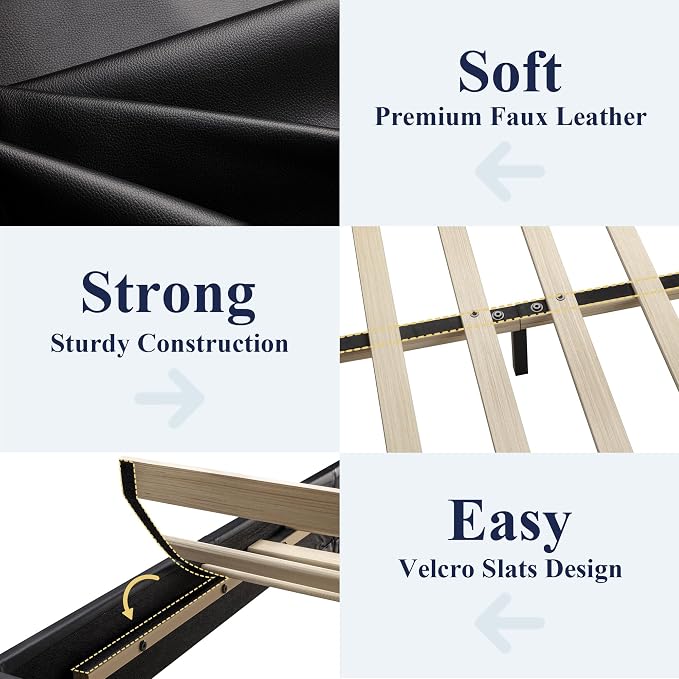 Allewie Full Size Bed Frame with Adjustable Headboard, Faux Leather Platform Bed with Wood Slats, Heavy Duty Mattress Foundation, No Box Spring Needed, Noise-Free, Easy Assembly, Black