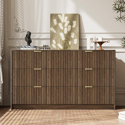 MAISONARIA 3-Piece Dresser Bedroom Set, 6 Drawer Dresser & 3 Drawer Nightstands with Gold Handles, Fluted Wood Chest of Drawers for Bedroom, Living Room, Entryway,Walnut