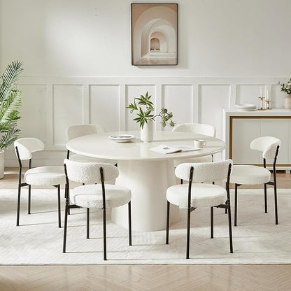 SoarFlash Dining Chairs, Beige Boucle Chairs Set of 6, Kitchen Dining Room Curved Backrest Upholstered Mid Century Modern Dining Chairs with Black Metal Legs