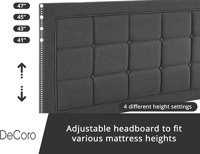 Decoro Mornington Upholstered 2.0 Platform Bed, Button-Tufted Fabric Headboard and Metal Frame with Wood Slat Support, Dark Grey, King