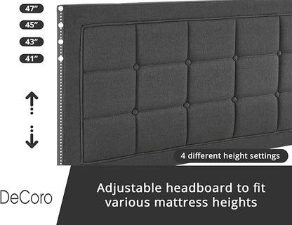 Decoro Mornington Upholstered 2.0 Platform Bed, Button-Tufted Fabric Headboard and Metal Frame with Wood Slat Support, Dark Grey, King