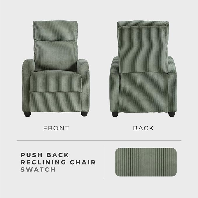 Lexicon Corduroy Pushback Recliner Chair Armchair Push Back Recliner, Solid Wood Frame and Metal Seat Base, Soft Single Sofa Accent Chair for Living Room/Office/Apartment, Easy Assembly, Green