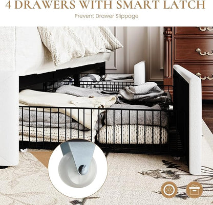 SHA CERLIN Queen Platform Bed Frame with 4 Oversized Storage Drawers, Adjustable Headboard with Velvet Upholstery, Diamond Button Tufted Design, Wooden Slat Support, No Box Spring Needed, White
