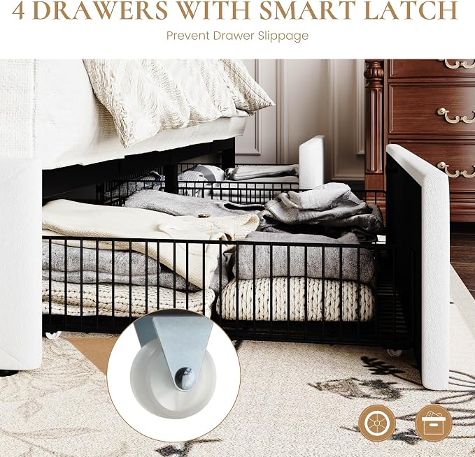 SHA CERLIN Full Size Platform Bed Frame with 4 Oversized Storage Drawers, Adjustable Headboard with Velvet Upholstery, Square Button Tufted Design, Wooden Slat Support, No Box Spring Needed, White