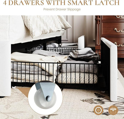 SHA CERLIN Full Size Platform Bed Frame with 4 Oversized Storage Drawers, Adjustable Headboard with Velvet Upholstery, Square Button Tufted Design, Wooden Slat Support, No Box Spring Needed, White
