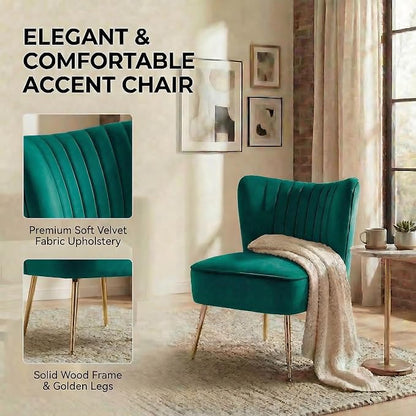 DUOMAY Modern Accent Chair Set of 2 Velvet Slipper Chair with Gold Legs Wingback Side Chair for Living Room Bedroom Entryway Small Corner Chair for Space Saving, Green