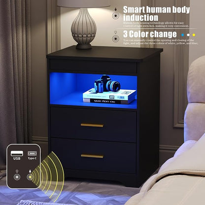 Nightstand Set of 2, Charging Bedside Table with USB & Type-C Port, LED Nightstand with Human Sensor Light, Modern End Table with Gun Drawers for Bedroom Office, Black