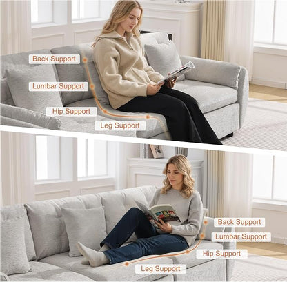 112" Oversized Modular Cloud Sofa, Deep Seat Tufted Chenille 4-Seater Sectional Couch with Curved Arms, Comfy Sofas for Living Room, Light Grey