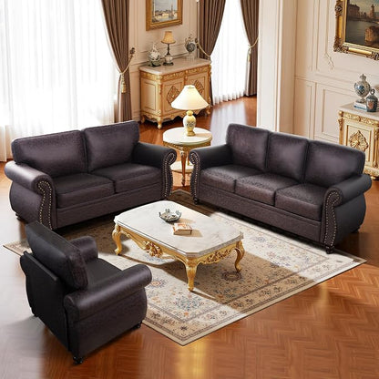 Couchus Living Room Furniture Sets,Sofa Sets and Couch Sets for Living Room,Mid-Century Vintage Sofa Couches with Rivet Design (Brown, Single+Loveseat+3 Seater)