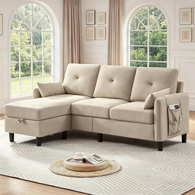 Convertible L-Shaped Sectional Sofa, 3-Seat Sofa Couches with Storage Ottoman & 2 Pillows and Side Storage Pockage, Small Modern Couch for Living Room, Apartment and Office, Beige