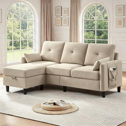Convertible L-Shaped Sectional Sofa, 3-Seat Sofa Couches with Storage Ottoman & 2 Pillows and Side Storage Pockage, Small Modern Couch for Living Room, Apartment and Office, Beige