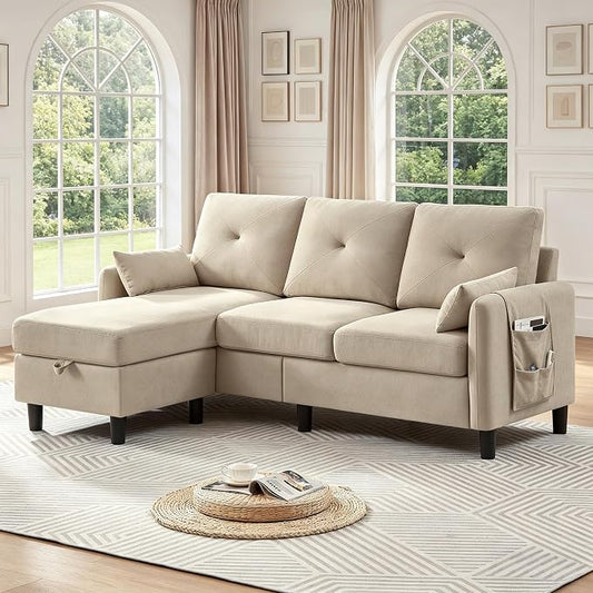 Convertible L-Shaped Sectional Sofa, 3-Seat Sofa Couches with Storage Ottoman & 2 Pillows and Side Storage Pockage, Small Modern Couch for Living Room, Apartment and Office, Beige