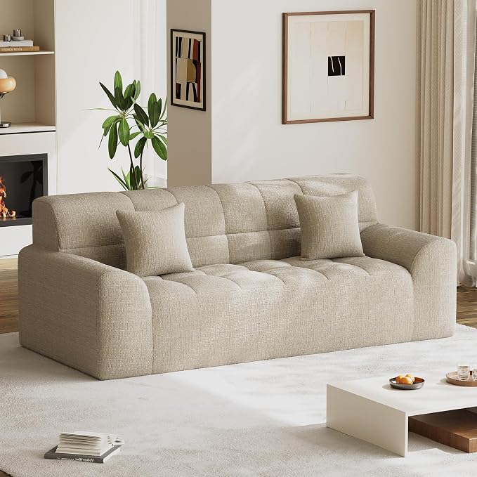91.5" Modern Boneless Couch for Living Room, Comfy Cloud Sectional Sofa with Deep Seat, Chenille Love Seat Oversized Upholstered 3-Seater Sofa, No Assembly Required Tufted Sofas, Light Brown