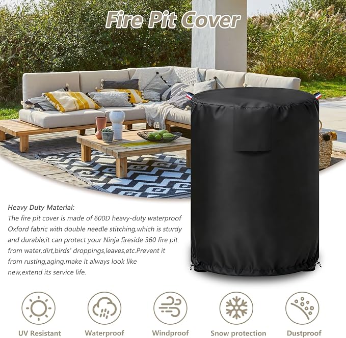 Cover for Bali Outdoors 30" Dia Propane Fire Pit,Outdoor Heavy Duty 600D Waterproof Fire Pit Cover Round,30" Dia x 25" H Fire Pit Table Outdoor Cover,Black
