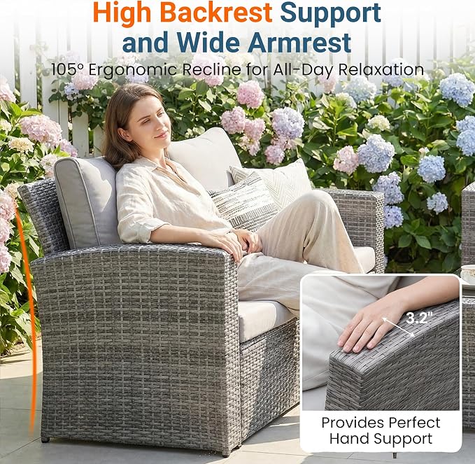 Wisteria Lane Patio Furniture Set, Wicker Outside Outdoor Furniture for All Weather, Patio Sofa with High Backrest Support and Wide Armrest for Backyard, Balcony, Deck, Porch, Light Gray