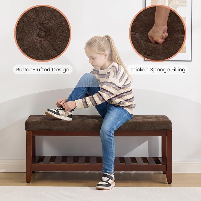 HUBSON 44" Entryway Shoe Bench, Upholstered End of Bed Bench with Solid Wood Shelf, Button Tufted Shoe Bench for Bedroom, Hallway, Living Room, Brown