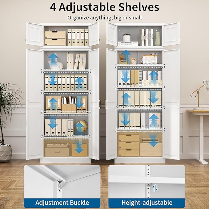 86" Tall Metal Kitchen Pantry Storage Cabinet with Doors and 4 Adjustable Shelves, Extra Large Heavy Duty Steel Storage Cabinet for Kitchen, Garage, Living Room, Pantry Cupboard, White (2 Packages)