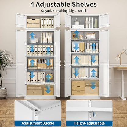 86" Tall Metal Kitchen Pantry Storage Cabinet with Doors and 4 Adjustable Shelves, Extra Large Heavy Duty Steel Storage Cabinet for Kitchen, Garage, Living Room, Pantry Cupboard, White (2 Packages)