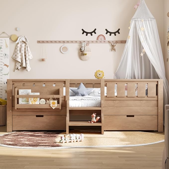 Bellemave Twin Montessori Bed with Stairs, Rails and Slats, Twin Size Montessori Floor Bed with Bookshelf and 2 Storage Drawers, Easy Assemble Beds Frame for Girls, Boys, Natural