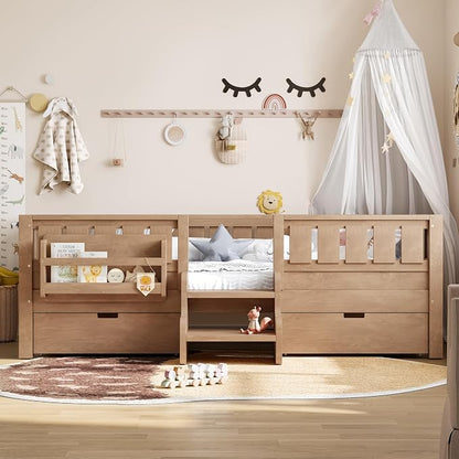 Bellemave Twin Montessori Bed with Stairs, Rails and Slats, Twin Size Montessori Floor Bed with Bookshelf and 2 Storage Drawers, Easy Assemble Beds Frame for Girls, Boys, Natural