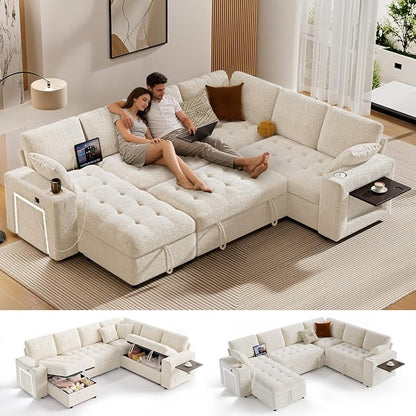 Vipbear 111" Modular Sectional Sleeper Sofa with Pull Out Bed, 7 Seat Chenille L Shaped Couch with Storage Chaise|USB Ports|Cup Holders|Side Table|LED Light, Tool Free Assembly, Beige