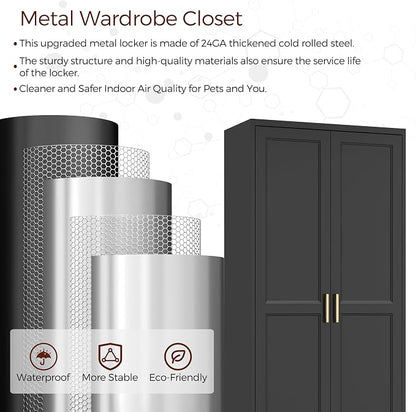 Metal Armoire Wardrobe Closet with 2 Doors, 71" Tall Wardrobe Closet with Doors, Hanging Rod, Drawers and Adjustable Shelves, Black Clothing Storage Cabinets for Bedroom, Home Office