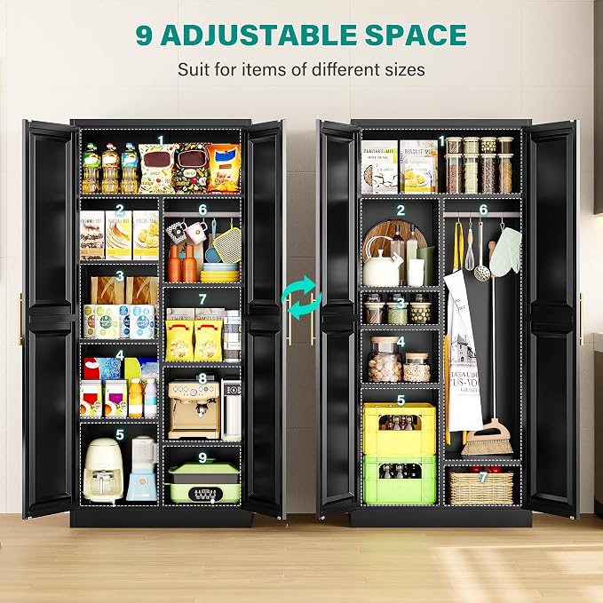 SISESOL 71" Tall Storage Cabinet with 9 Shelves and Hanging Rod,Kitchen Pantry Cabinet with 2 Door,Black Metal Storage Cabinets,Large Cupboard for Home,Kitchen,Laundry,Bathroom