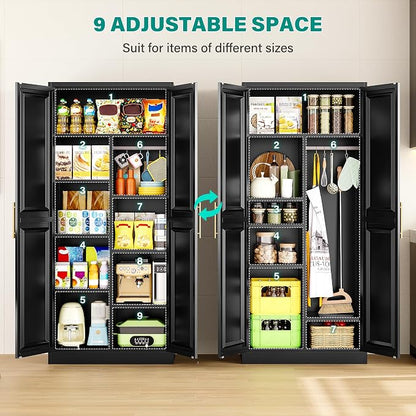 SISESOL 71" Tall Storage Cabinet with 9 Shelves and Hanging Rod,Kitchen Pantry Cabinet with 2 Door,Black Metal Storage Cabinets,Large Cupboard for Home,Kitchen,Laundry,Bathroom