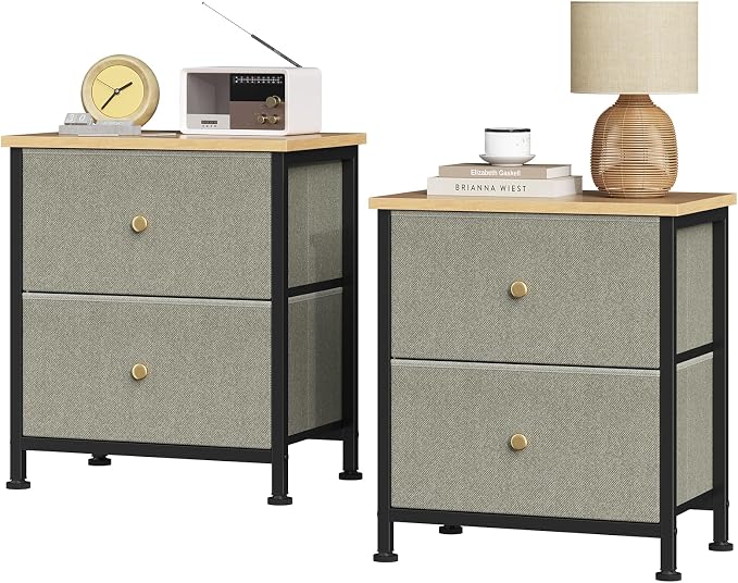Sweetcrispy Nightstand Set of 2 with 2 Storage Drawers, Small Bedside Table | 20" Height Furniture End Table, Wooden Top Fabric Cabinet for Bedroom, Closet, Entryway, Ink Green 2Pack