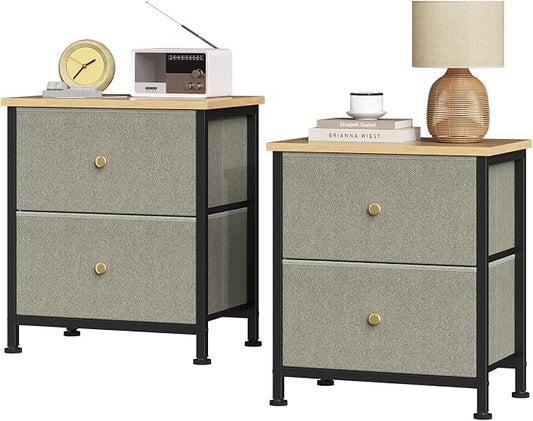 Sweetcrispy Nightstand Set of 2 with 2 Storage Drawers, Small Bedside Table | 20" Height Furniture End Table, Wooden Top Fabric Cabinet for Bedroom, Closet, Entryway, Ink Green 2Pack