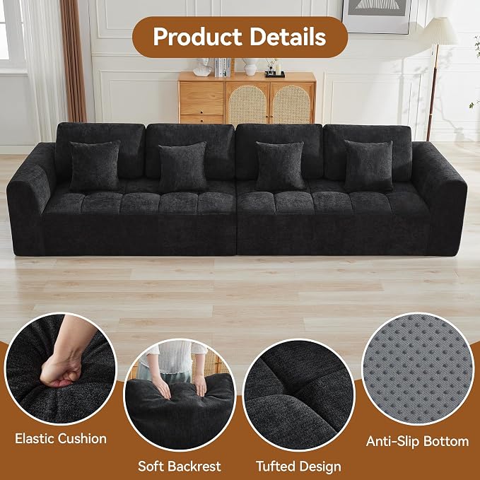 140''Modular Sectional Couches for Living Room, Cloud Boneless Compressed Sectional Sofa, Oversized 4 Seater Upholstered Memory Foam Sofa, No Assembly, Chenille Black