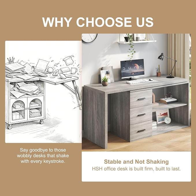 HSH L Shaped Office Desk with Drawers Shelves 55-76 Inch, Corner Computer Desk with Storage 360 Rotating Long for Work, Executive, Study, Writing, Teacher, Bedroom Modern Gaming Table, Light Grey