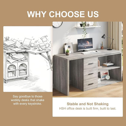 HSH L Shaped Office Desk with Drawers Shelves 55-76 Inch, Corner Computer Desk with Storage 360 Rotating Long for Work, Executive, Study, Writing, Teacher, Bedroom Modern Gaming Table, Light Grey