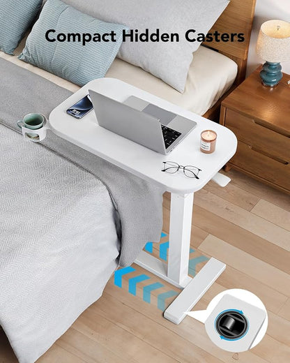 HUANUO 28Inch Bedside Table with Wheels, Height-Adjustable Rolling Computer Cart, Overbed Table with Cup Holder, Pneumatic Laptop Standing Desk for Home Office, White