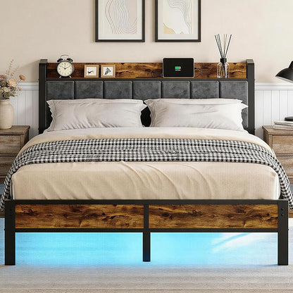 Liians Queen Size Bed Frame with Charging Headboard, Metal Platform Bed with Smart LED Lights, Heavy Duty Metal Slats, No Box Spring Need