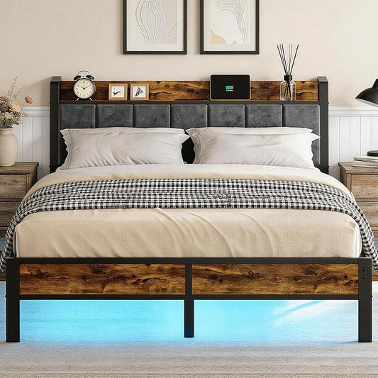 Liians Queen Size Bed Frame with Charging Headboard, Metal Platform Bed with Smart LED Lights, Heavy Duty Metal Slats, No Box Spring Need