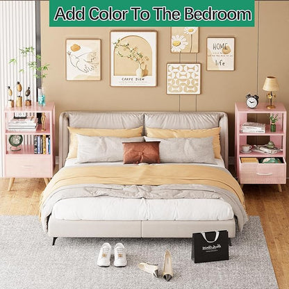 Aenuert Night Stand, Pink Nightstand with Drawer, Side Table with Open Storage, 3-Tier Modern End Table, Bedside Table for Small Space, Living Room, Bedroom