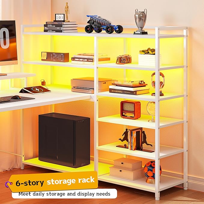 DurayLoly 63" L Shaped Desk with Monitor Stand & CPU Stand, Reversible Computer Desk with 6-Tier Shelves& 2 Fabric Drawers, Ergonomic Desk with Power Outlet & LED Lights for Home Office,White