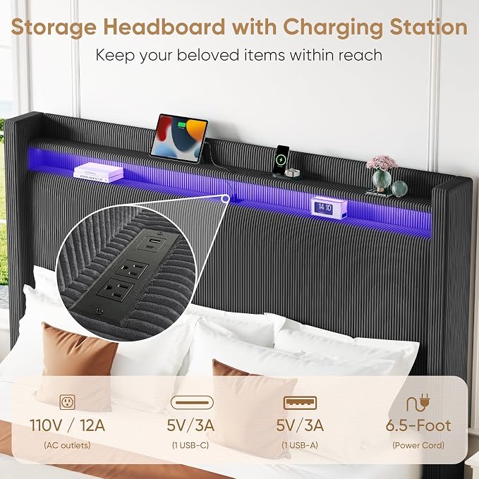 King Size Bed Frame with Tall Headboard, 55.3" Corduroy Upholstered Platform Bedframe with LED Lights & Charging Station, King Beds Wingback Storage Headboard, No Box Spring Needed, Wood Slats, Black