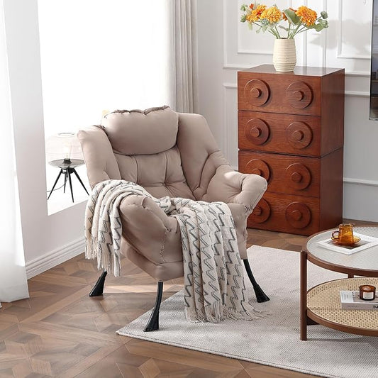 Welnow Khaki Single Lazy Chair for Living Room, Modern Reading Accent Chair with Armrests and a Side Pocket, Leisure Lazy Sofa Chair for Small Space, Bedroom, Dorm