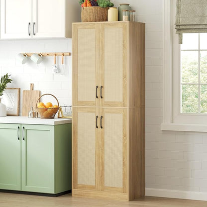 JASIWAY Rattan Pantry Cabinet, 67" Tall Kitchen Storage Cabinet with Doors | Adjustable Shelves, Wicker Linen Closet Cupboard for Laundry, Bathroom, Wood