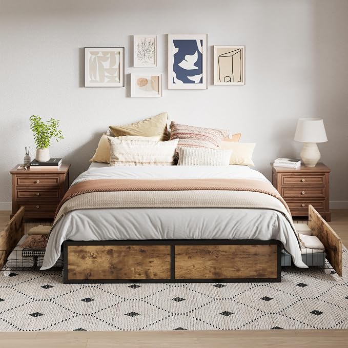 Allewie Queen Size Metal Bed Frame with 2 Storage Drawers, Heavy-Duty Steel Frame with MDF Wood Panels, Flexible Drawer Placement, Easy Assembly, Noise-Free Support, Brown