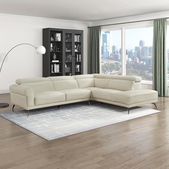Lexicon L-Shaped Sectional Couch with Right Chaise, Top Grain Leather Match Sectional Sofa, Adjustable Headrests, Black Chrome Metal Legs, High-Density Cushions, Stitching, for Living Room, Beige