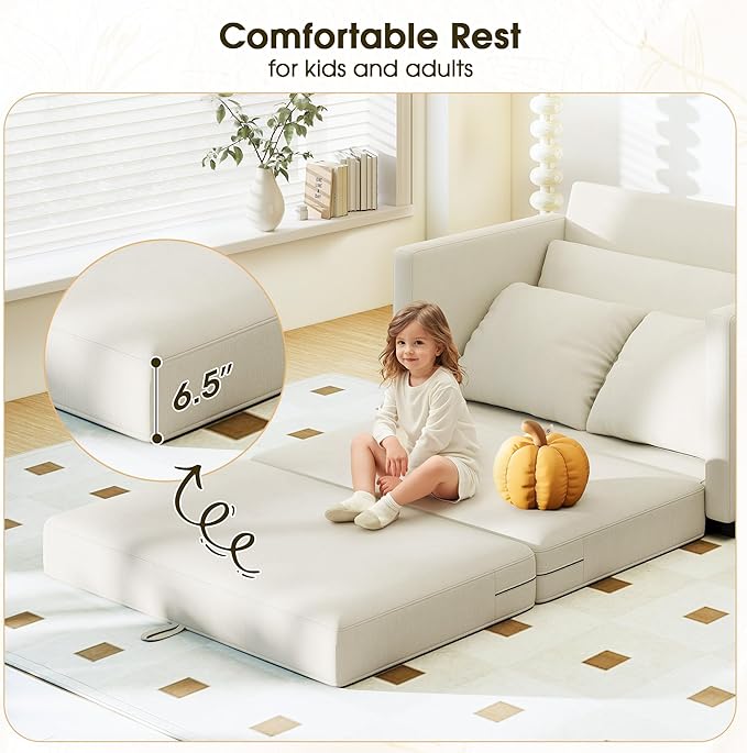 Myroyalsit 51" Convertible Sofa Bed, 2 in1 Folding Sofa Bed, Loveseat Sleeper Sofa for Small Spaces, Fold Out Floor Couch with 2 Pillows for Apartment, Living Room & Guest Room, Beige Chenille Fabric